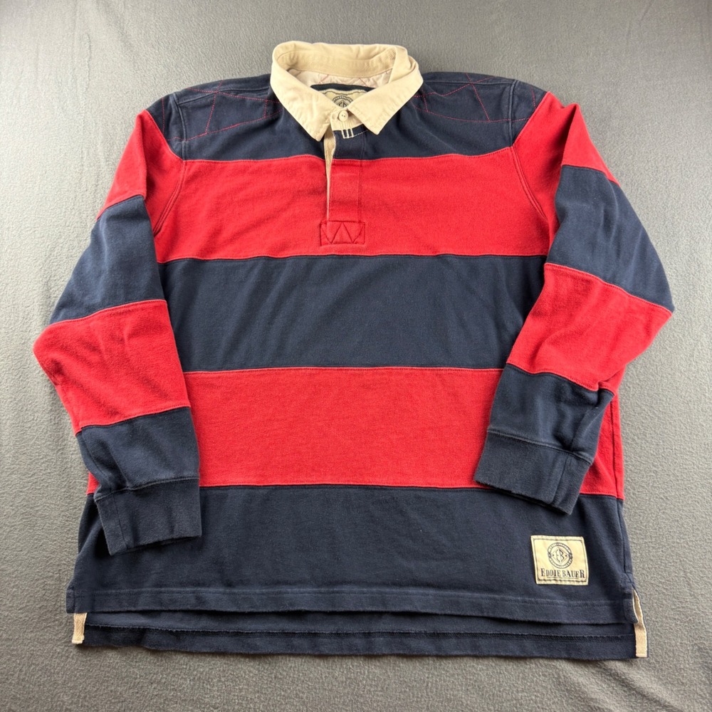 Eddie Bauer Rugby Shirt Mens 2XL Red Blue Striped Y2K Heavy Cotton Jersey Preppy